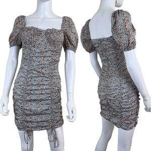 Storia Women Size S Blue Ditsy Floral Puff Sleeve Mini Ruched Tie Pleated Dress